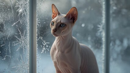 A Sphynx cat looking out a frosted window with snowflake patterns. Winter scene, indoor and outdoor contrast, feline with large ears and striking eyes.