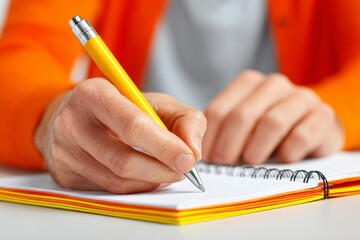 Two hands collaboratively writing 'Think Outside the Box' in a notebook.