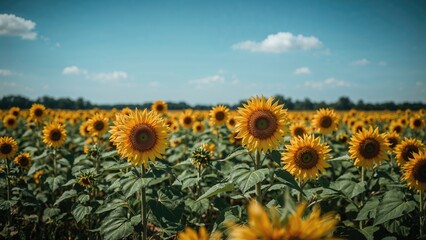 Sunflower field under blue sky with clouds, vibrant yellow flowers, farm landscape, summer scene, lush green leaves, rural scenery, bright daylight, agricultural environment.