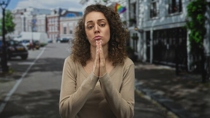 Fototapeta premium Young hispanic woman with hands pressed together praying on a city street in front of townhouses and storefronts; pleading hope.