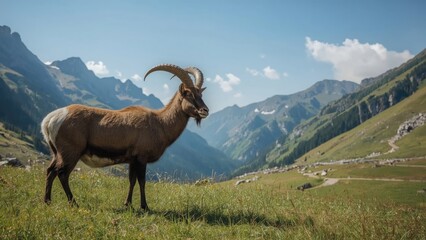 Fototapeta premium A mountain goat standing on a grassy field in a mountainous landscape with peaks and blue sky.