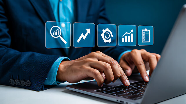 Business professional typing on laptop with floating analytics icons symbolizing data-driven strategy, growth and performance planning