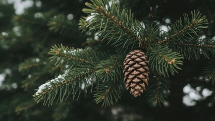 Close-up of a pine cone on a Christmas tree branch, with green needles and snow, illustrating winter holiday and nature.