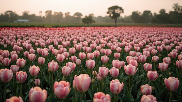 A vast field of pink tulips in bloom during sunset with trees and a farm building in the background.