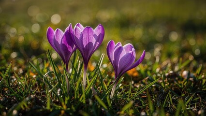 Purple crocus flowers blooming in spring with green grass and blurred background. Nature and springtime. Floral and botanical themes. The concept of growth and renewal.