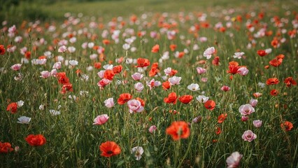 Fototapeta premium Colorful poppy field with red, pink, and white flowers blooming in a lush green meadow during daytime.