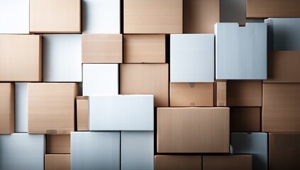 Various cardboard boxes in neutral tones are stacked together, creating a structured and organized background.