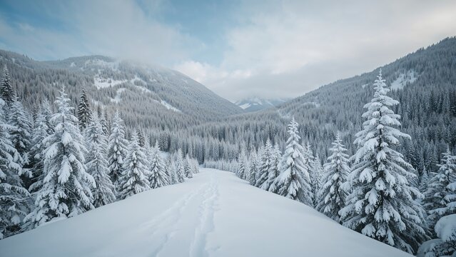 Snow-covered mountain landscape with pine trees and clear sky.