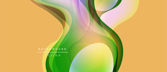 Abstract fluid shapes blend, creating vibrant color gradients. Peach, green, purple hues dominate design. Modern, dynamic composition.