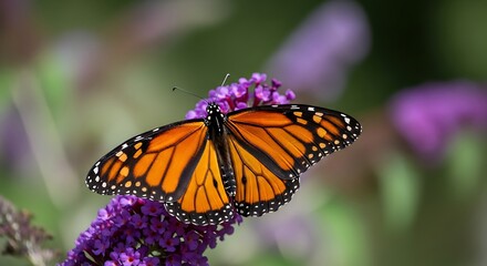 Naklejka premium Monarch butterfly on a purple flower in nature