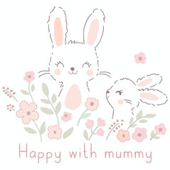 Bunny baby happy with Mummy hand drawn bunny and floral, background on white.