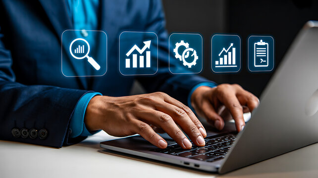 Business professional typing on laptop with floating data analytics icons symbolizing performance tracking, optimization and reporting
