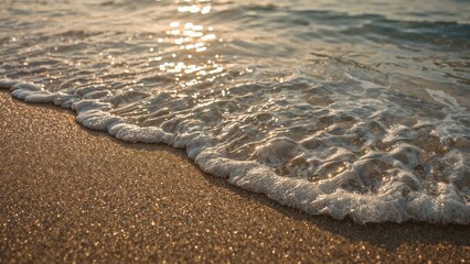 Gentle waves reaching the sandy shore at sunset with sunlight reflecting off the water. Coastal scene, peaceful and natural environment. Beach and sea landscape composition.
