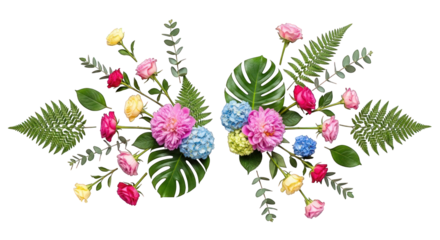 A floral arrangement with roses, ferns, and monstera leaves is a beautiful and vibrant botanical composition.