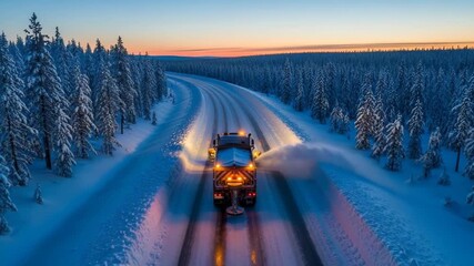 Dynamic snowplow clears winter highway at twilight amidst snow-covered pine forest, showcasing essential winter road maintenance and serene northern landscape beauty - Powered by Adobe