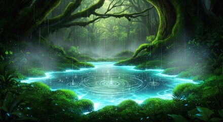Enchanted Forest Pond with Glowing Blue Water and Mystical Atmosphere.