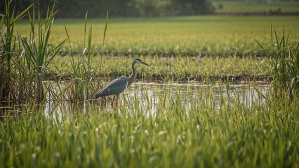 Heron standing in water surrounded by tall grasses in a lush green field.