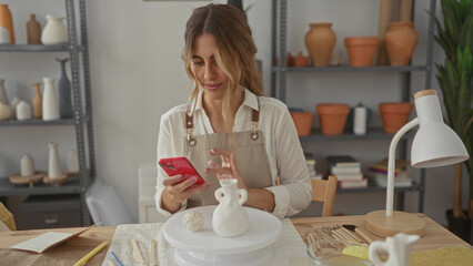 Woman wearing apron taps smartphone with fingers in pottery studio; creativity focus inspiration craftsmanship.