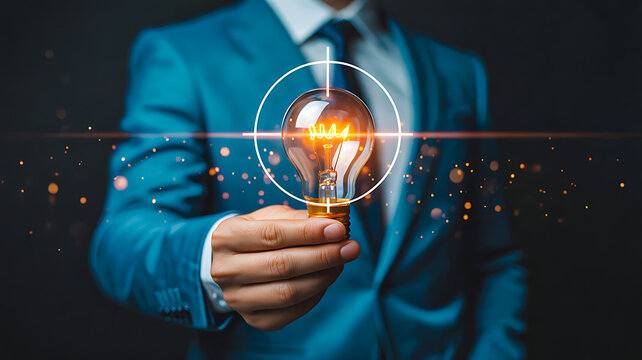 Person in blue suit holding glowing light bulb with digital effects symbolizing innovation, creativity and technological advancement