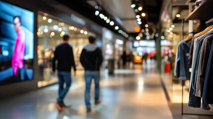 Defocused modern store interior with faceless shoppers, digital signage glowing faintly in the distance, with copy space.