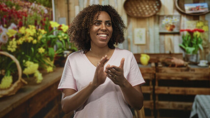 Fototapeta premium Woman clapping hands in studio with flowers on wooden crates, smiling and looking forward; joy celebration.