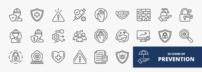 set of A collection of prevention icons suitable for web and mobile application. Set of outline style icons with safety, shield, alert, vaccine, barrier, and more icons.