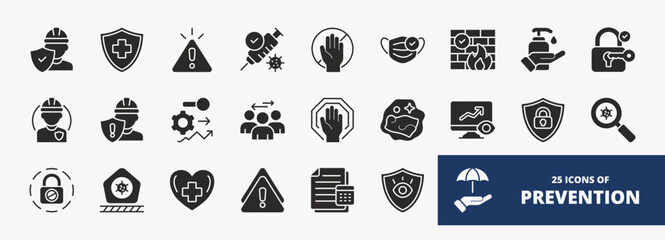 set of A collection of prevention icons suitable for web and mobile application. Set of glyph style icons with safety, shield, alert, vaccine, barrier, and more icons.