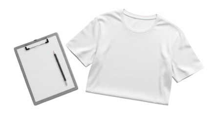 Top view of a white T-shirt with a clipboard and pencil for design mockups
