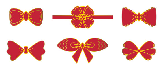 Red bows with gold contour, set with vector signs in different variations, festive bowknot doodle collection