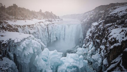 Frozen waterfall and icy landscape at Niagara Falls during winter season. Snow-covered cliffs and ice formations surround the cascade. Nature and winter scenery.