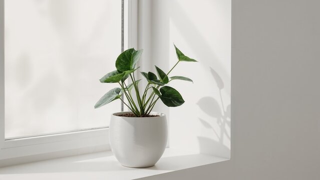 A potted plant on a windowsill with sunlight casting shadows.