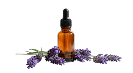 Essential oil bottle with lavender flowers for aromatherapy and natural medicine