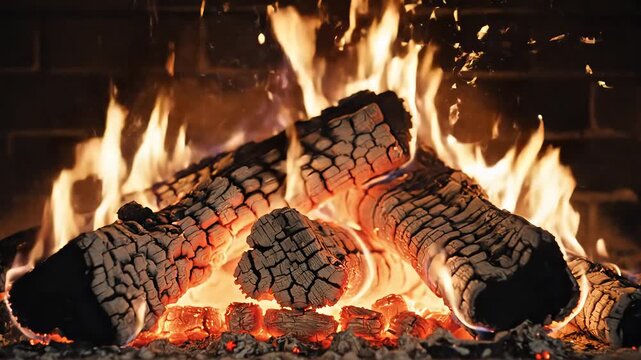 Cozy Fireplace with Burning Logs and Glowing Embers.