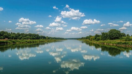 serene river landscape with blue sky, fluffy clouds, lush green trees, and calm water reflecting the sky