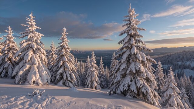 Snow-covered trees in a winter landscape during sunset or sunrise with snow-covered ground and a distant mountain range. - Powered by Adobe