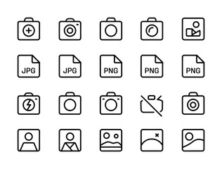 Camera photo file format outline icon set