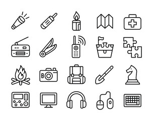 Adventure travel survival outline icon set