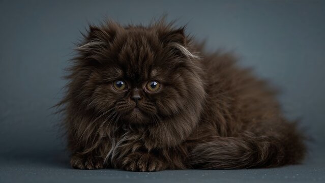 A cute fluffy dark brown kitten with expressive eyes resting on a soft surface. Small, adorable, and captivating.