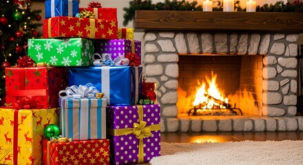 Fototapeta premium A large pile of Christmas gifts by a cozy fireplace