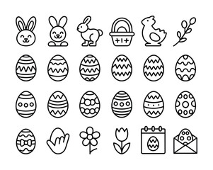Easter spring holiday celebration outline icon set