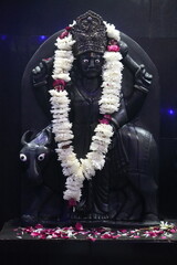 Shani Dev Black Stone Idol Decorated with Flowers