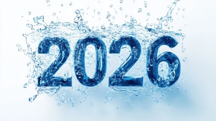 New year 2026 in splashy blue water, refreshing and dynamic motion, clean liquid elements