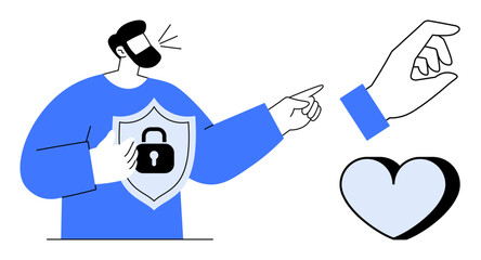 Man holding a shield with a lock, pointing towards a hand and heart. Ideal for security, protection, trust, privacy, relationships, safety and ethical values. A simple flat metaphor