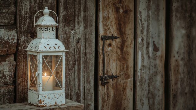 Rustic wooden door with a vintage white lantern and candle. Antique and cozy ambiance. Heritage and rustic decor. The concept of vintage and rustic aesthetics. - Powered by Adobe