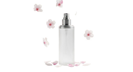 Obraz premium Elegant frosted glass bottle with silver accents, surrounded by delicate cherry blossoms