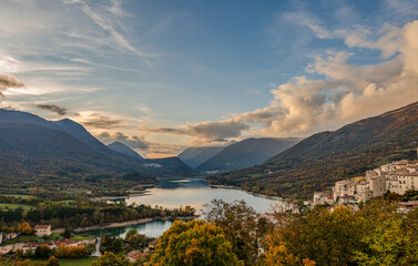 Barrea and its lake. Abruzzo. Spectacular autumn panorama