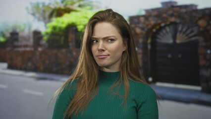 Young caucasian woman stands in front of house entrance on street showing skeptical expression; doubt.