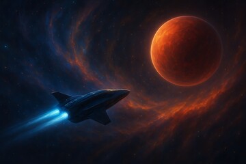 Advanced spacecraft with glowing engines venturing through a vibrant, swirling nebula towards a newly discovered exoplanet, showcasing the awe and wonder of deep space exploration.