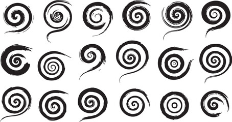 Grunge spiral shapes collection vector abstract black swirl symbols vortex circles hypnotic ink element set