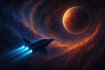 Advanced spacecraft with glowing engines venturing through a vibrant, swirling nebula towards a newly discovered exoplanet, showcasing the awe and wonder of deep space exploration.